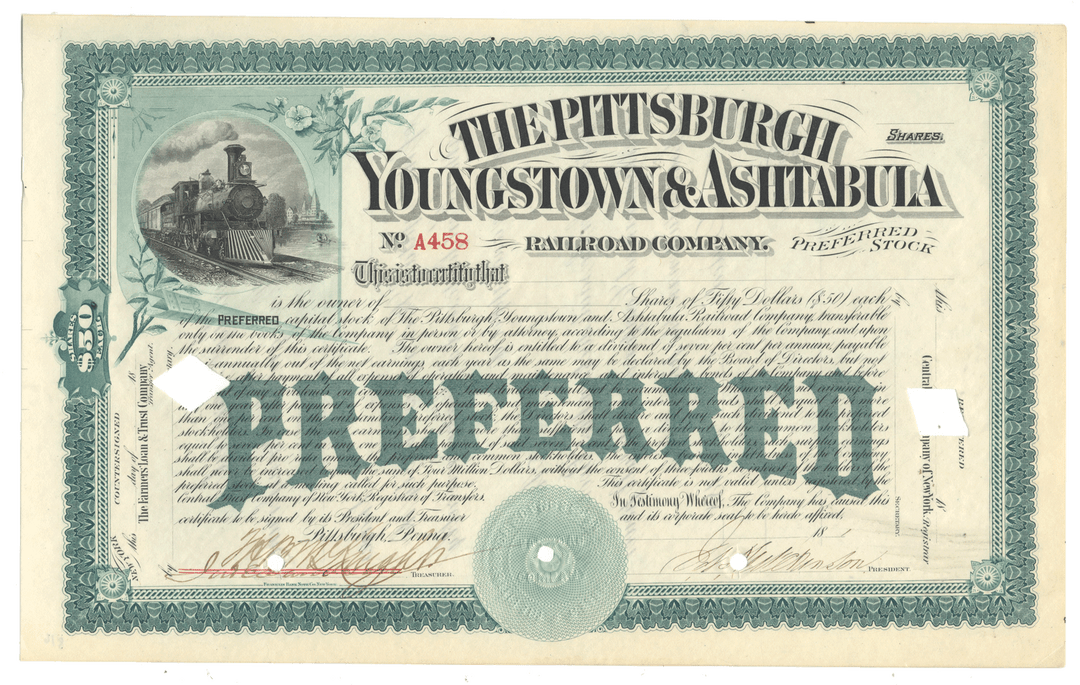 Vintage stock certificate for The Pittsburgh, Youngstown & Ashtabula Railroad Company with a train illustration.