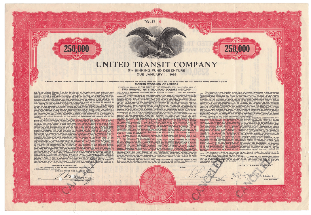 United Transit Company (Rhode Island) bond certificate from 1954