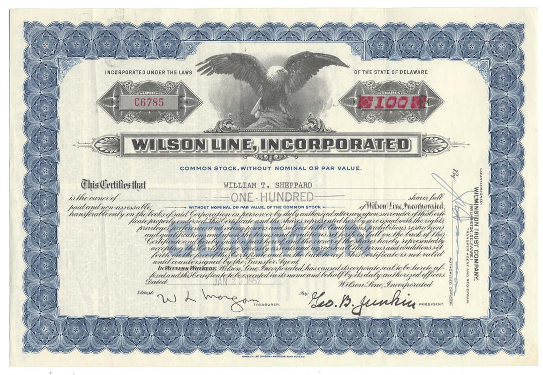 An antique Wilson Line, Incorporated stock certificate dated 1952