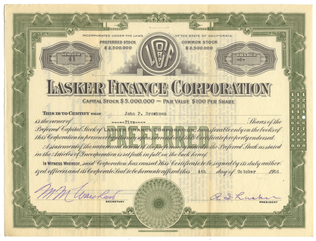 Lasker Finance Corporation stock certificate from 1926