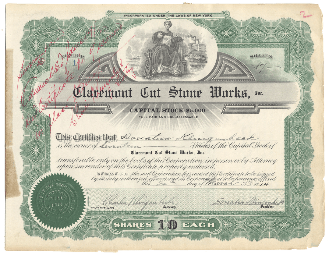Vintage stock certificate for Claremont Cut Stone Works, Inc. with decorative elements and text. Certificate #1.