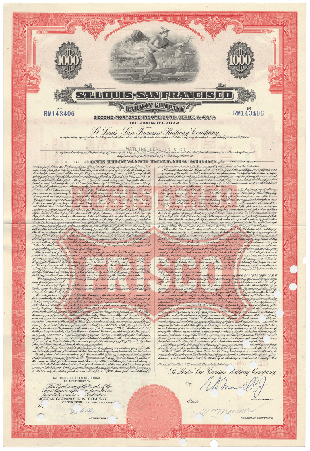 Historical bond certificate for St. Louis-San Francisco Railway Company