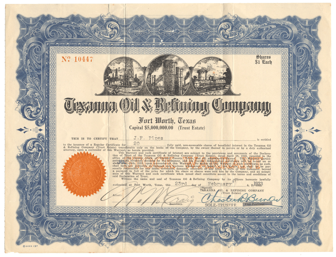 Texanna Oil & Refining Company Stock Certifiacte