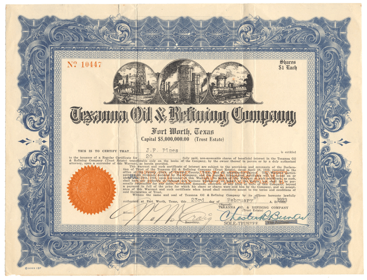 Texanna Oil & Refining Company Stock Certifiacte