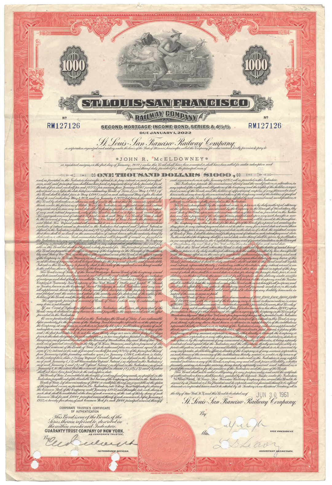 St. Louis - San Francisco Railway Company bond certificate from 1961