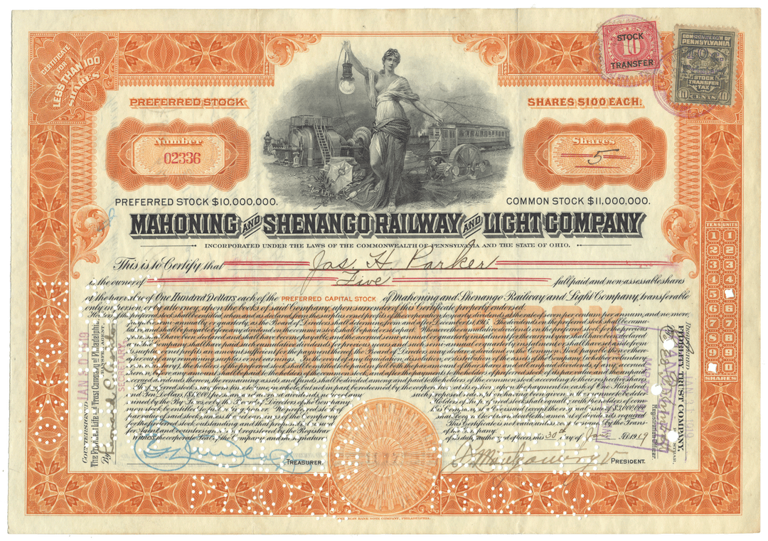Vintage stock certificate for Mahoning & Shenango Railway & Light Company with decorative elements.