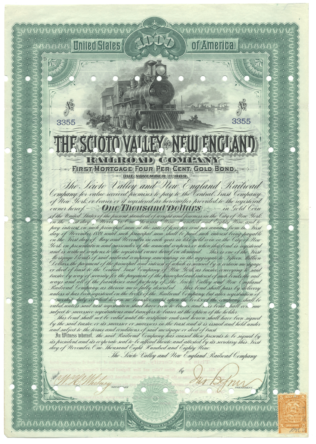 Scioto Valley and New England Railroad Company Bond Certificate from 1889