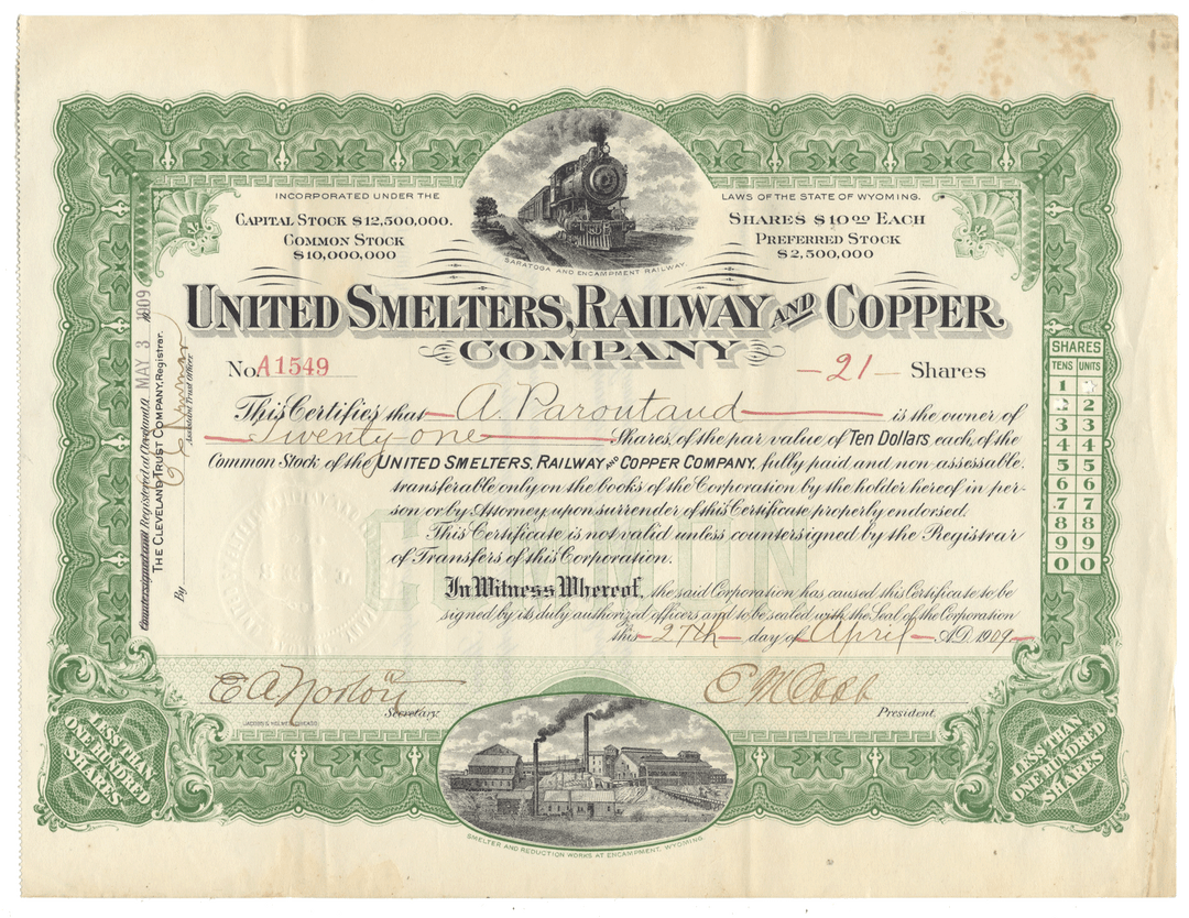 United Smelters Railway and Copper Company antique stock certificate from 1909