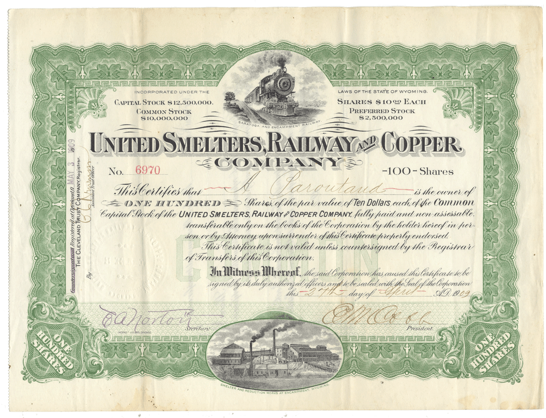 Vintage United Smelters, Railway and Copper Company stock certificate from 1909