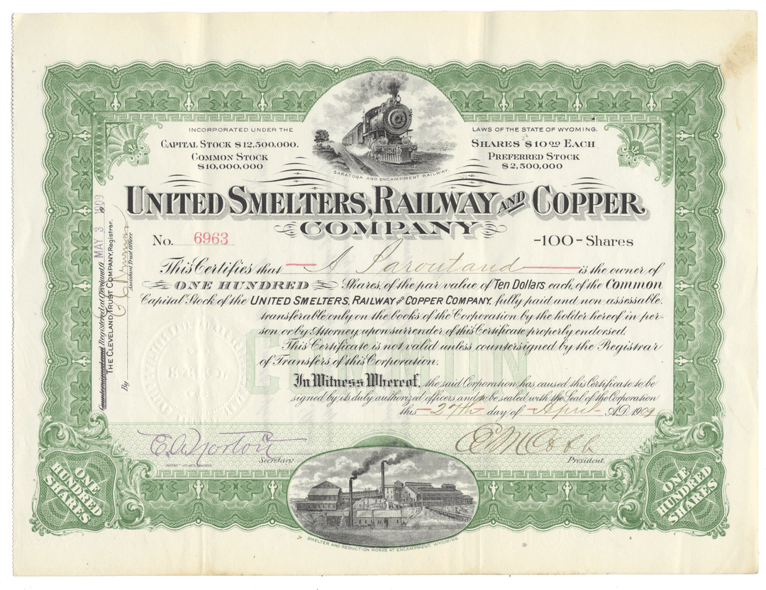 Vintage United Smelters, Railway and Copper Company stock certificate from 1909