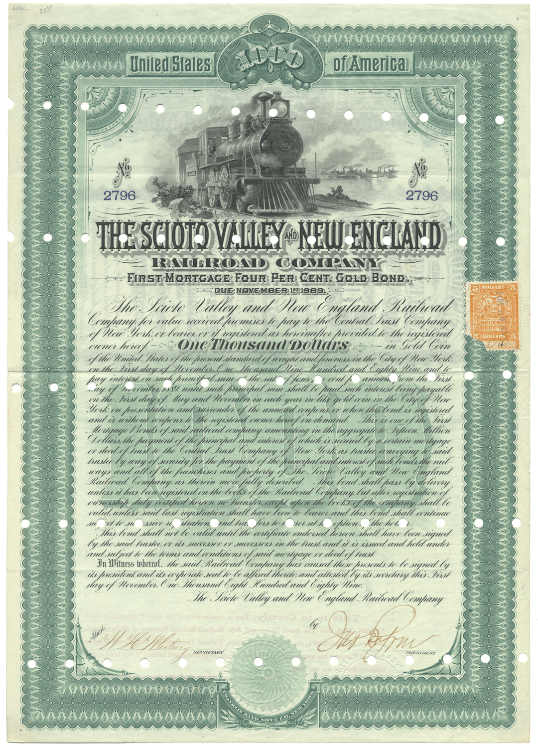 Antique Scioto Valley and New England Railroad Company bond certificate dated 1889