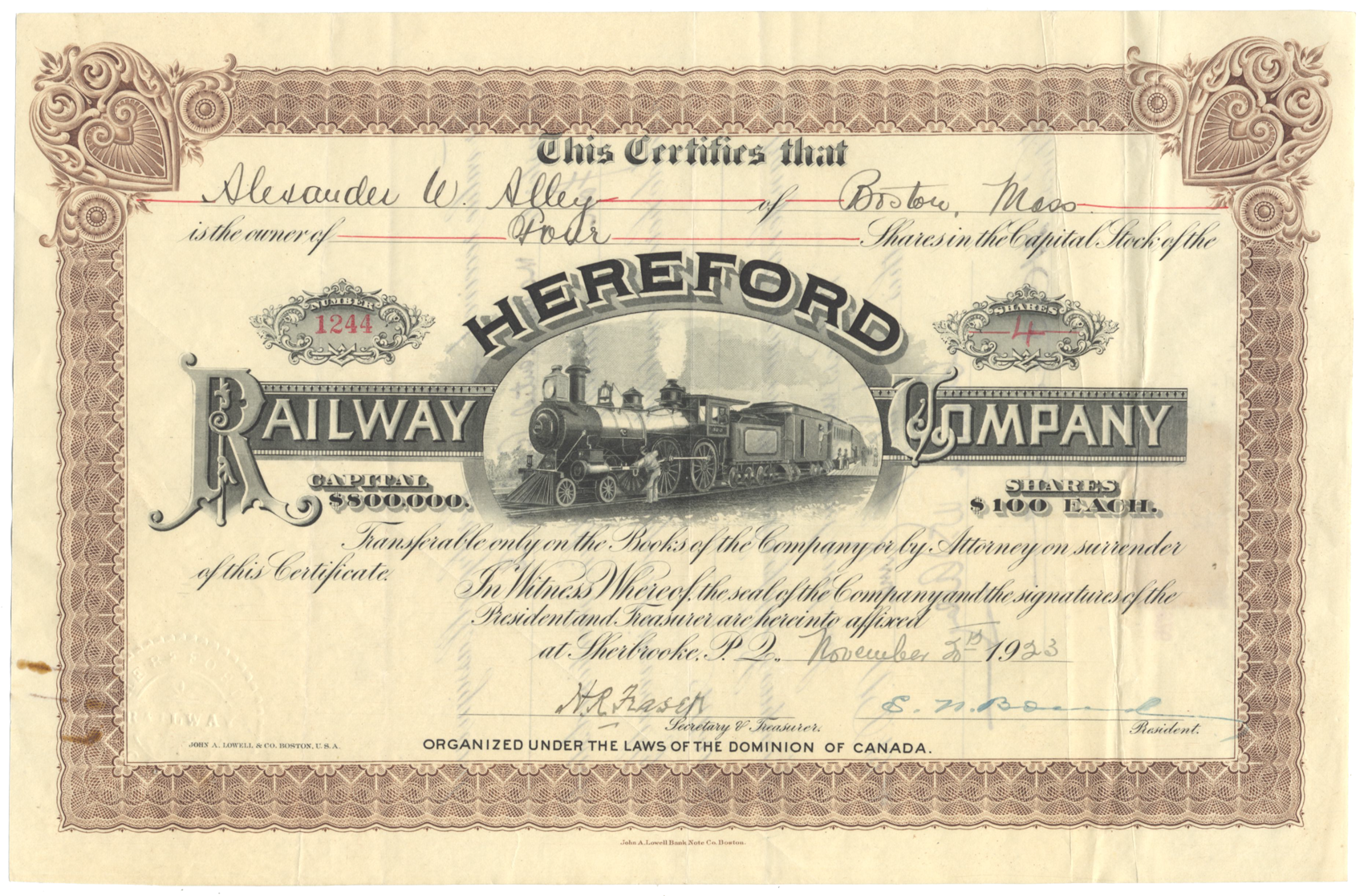 Hereford Railway Company Stock Certificate