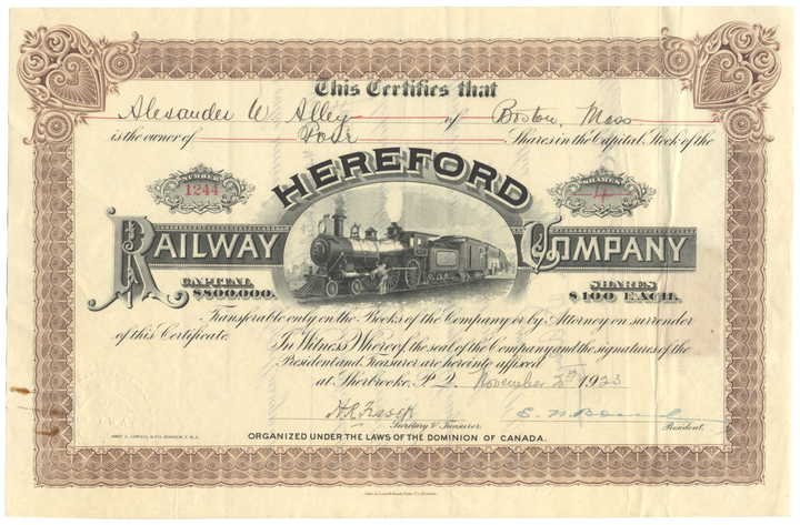 Hereford Railway Company Stock Certificate