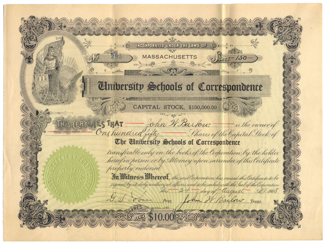 University Schools of Correspondence Stock Certificate