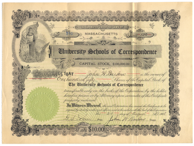 University Schools of Correspondence Stock Certificate