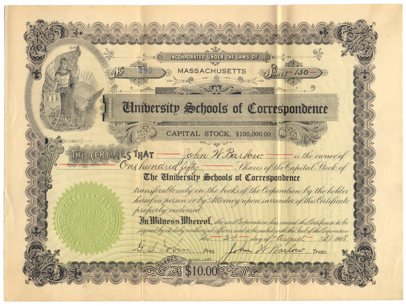 University Schools of Correspondence Stock Certificate