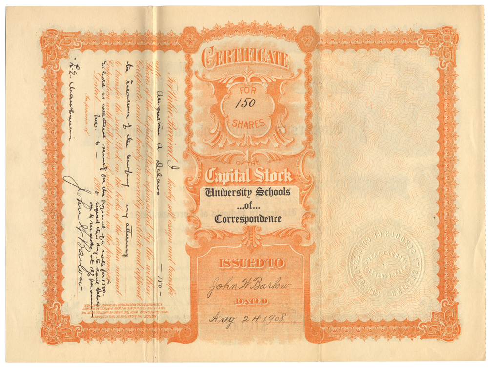 University Schools of Correspondence Stock Certificate