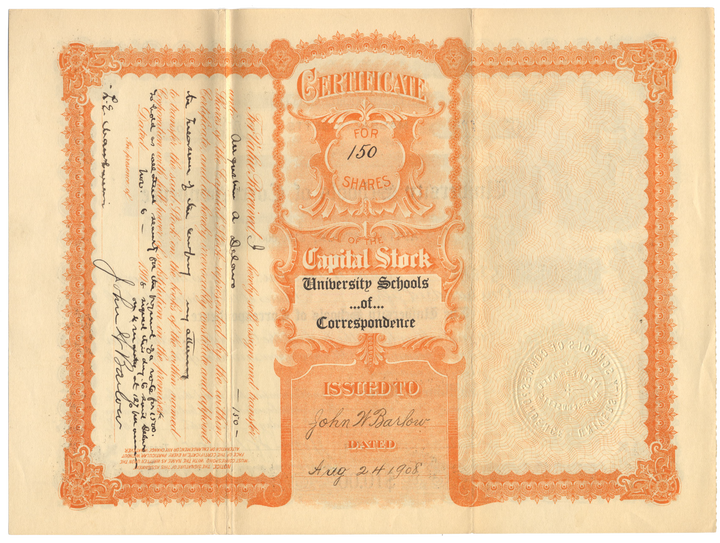 University Schools of Correspondence Stock Certificate