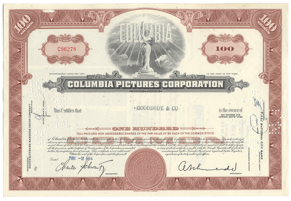 Columbia Pictures Corporation stock certificate