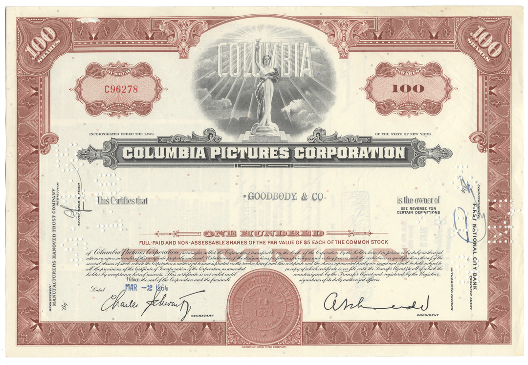 Columbia Pictures Corporation stock certificate