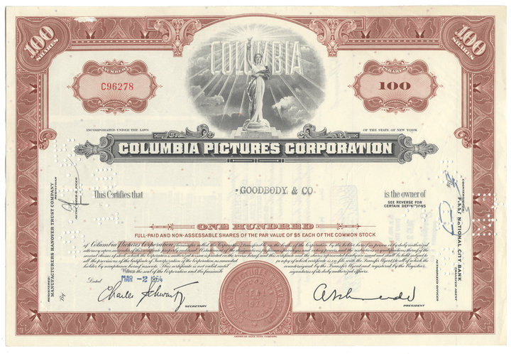 Columbia Pictures Corporation stock certificate