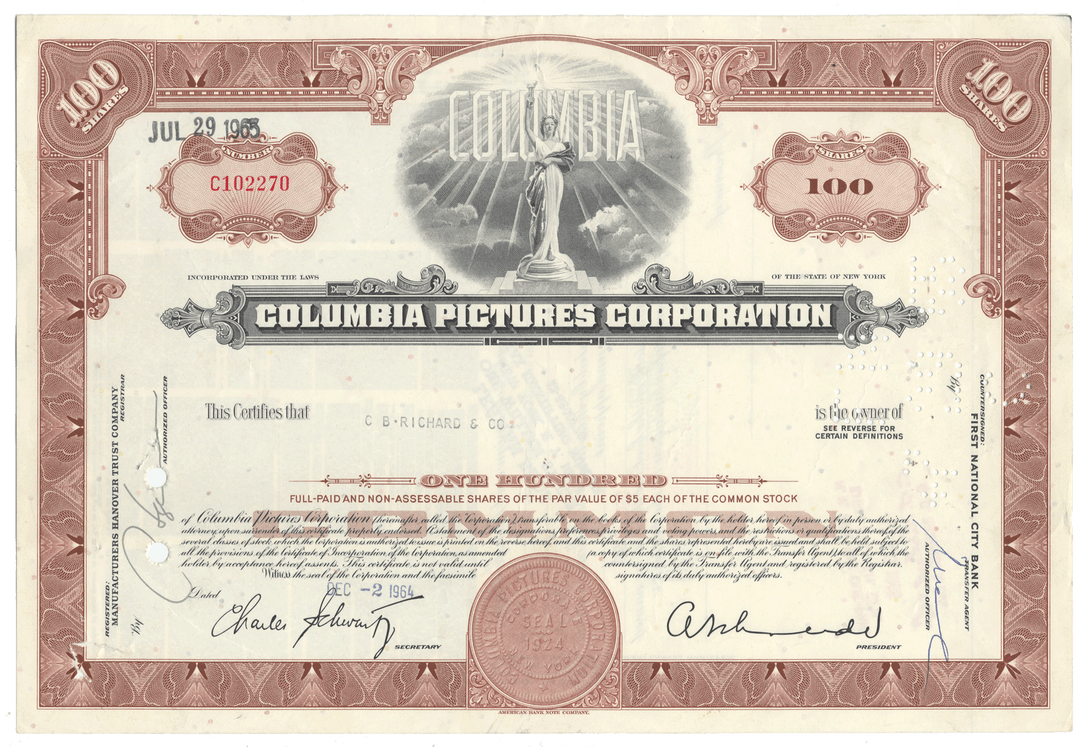 Columbia Pictures Corporation stock certificate with decorative elements dated 1964