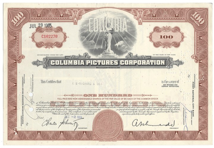 Columbia Pictures Corporation stock certificate with decorative elements dated 1964