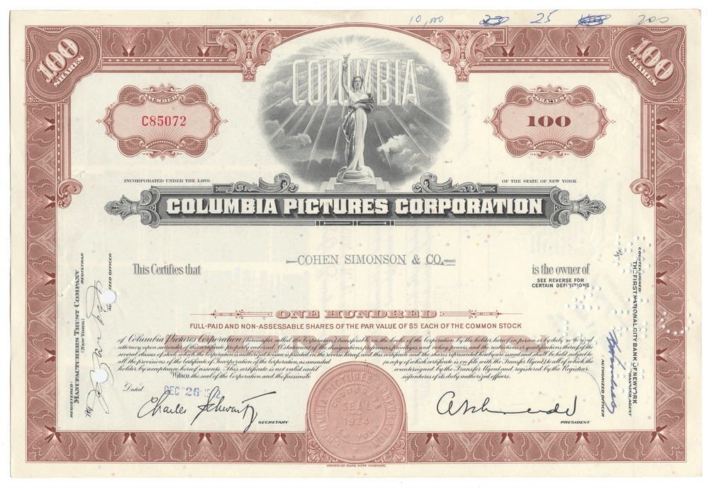 A vintage Columbia Pictures Corporation stock certificate from 1962 with company logo vignette