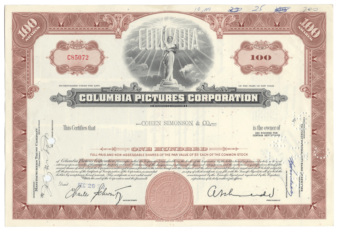 A vintage Columbia Pictures Corporation stock certificate from 1962 with company logo vignette