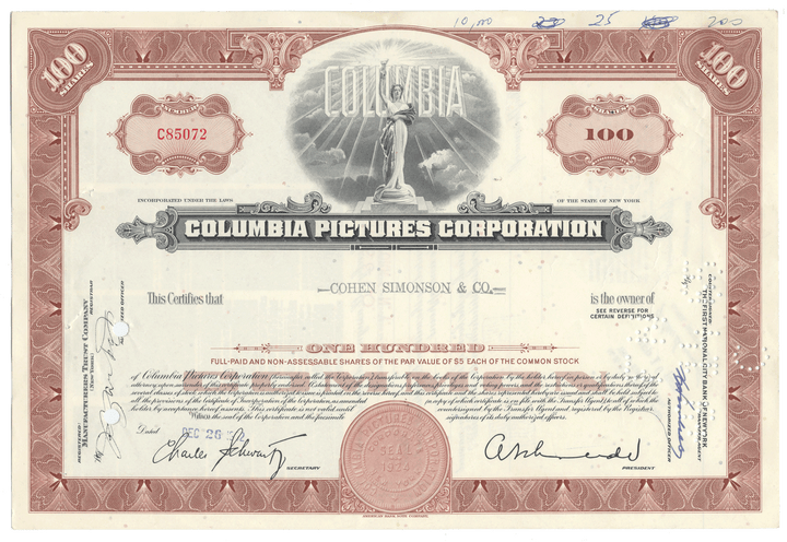 A vintage Columbia Pictures Corporation stock certificate from 1962 with company logo vignette