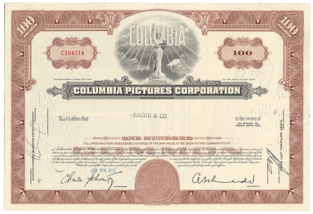 Columbia Pictures Corporation stock certificate with decorative elements and text.