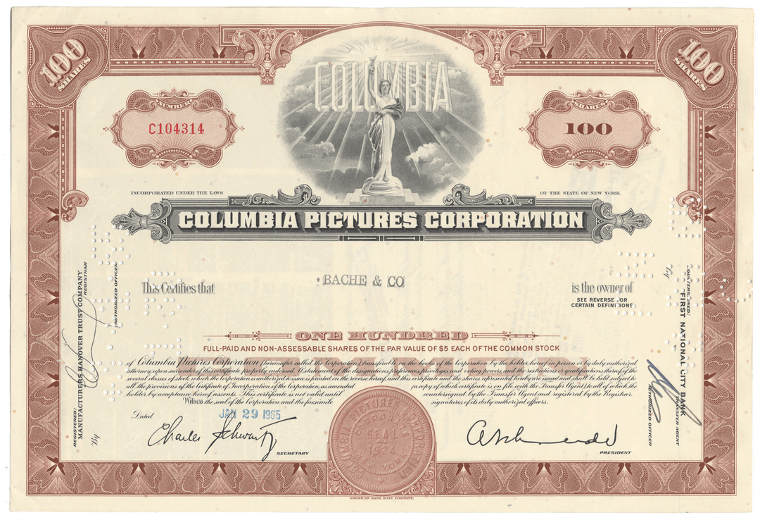 Columbia Pictures Corporation stock certificate with decorative elements and text.