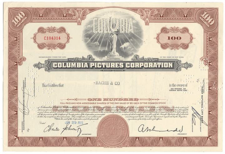 Columbia Pictures Corporation stock certificate with decorative elements and text.