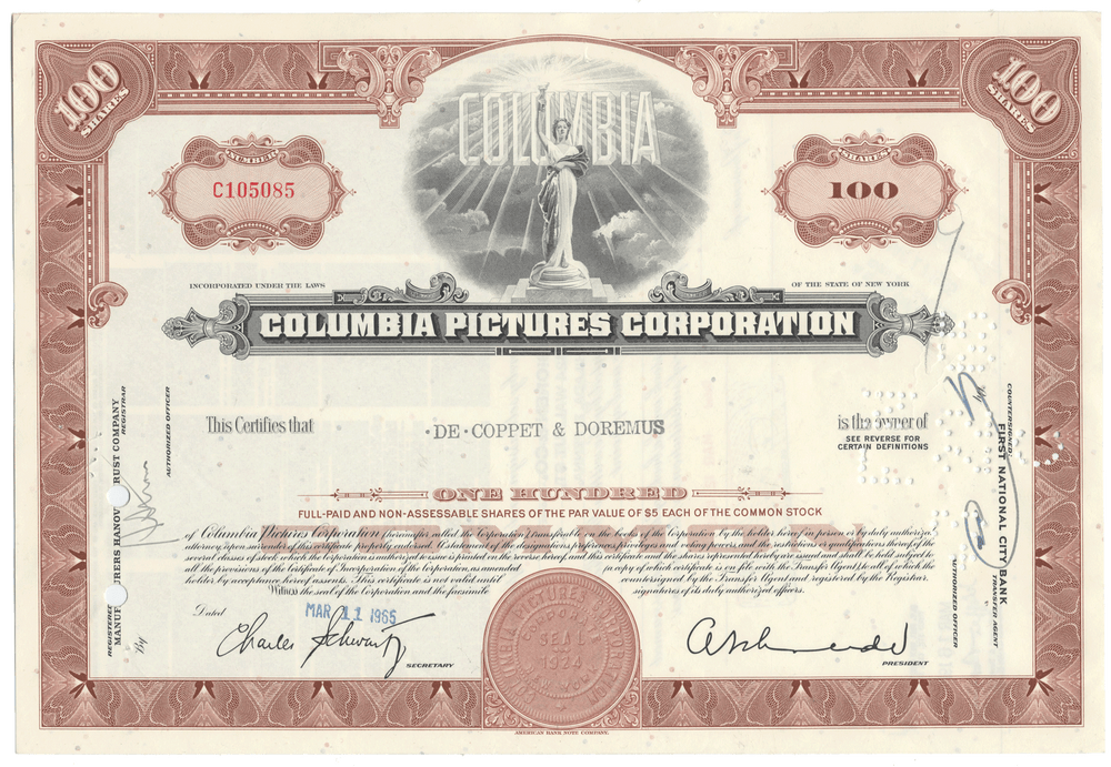 Columbia Pictures Corporation stock certificate with decorative elements