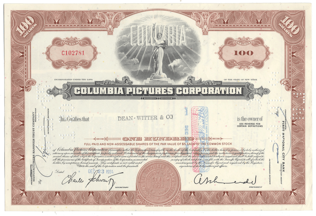 Columbia Pictures Corporation stock certificate with decorative elements