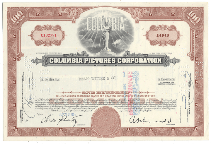 Columbia Pictures Corporation stock certificate with decorative elements