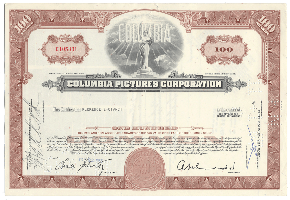 Columbia Pictures Corporation stock certificate from 1965