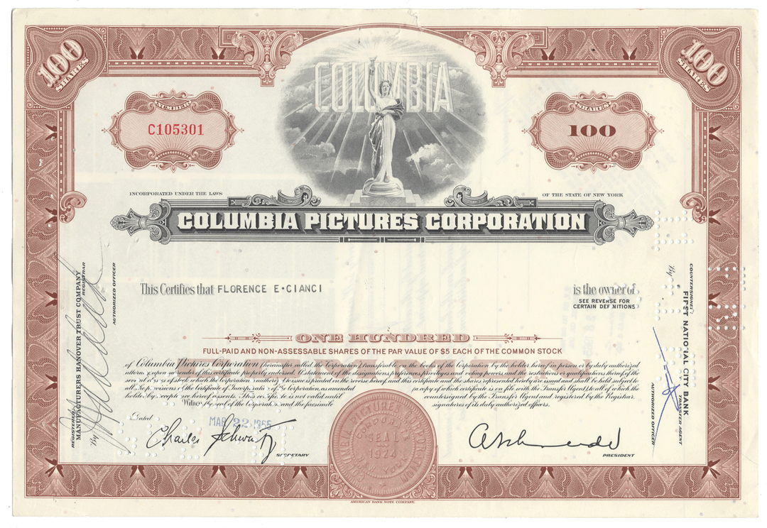 Columbia Pictures Corporation stock certificate from 1965