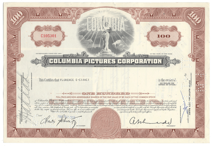 Columbia Pictures Corporation stock certificate from 1965