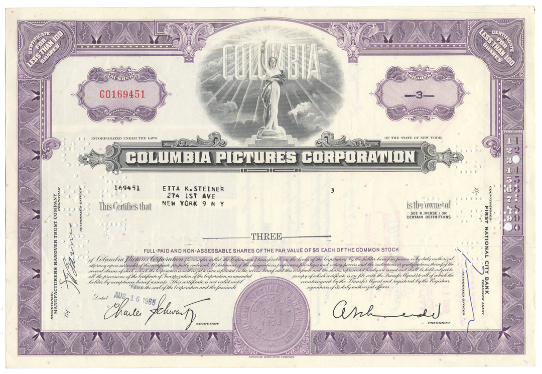 Columbia Pictures Corporation Stock Certificate