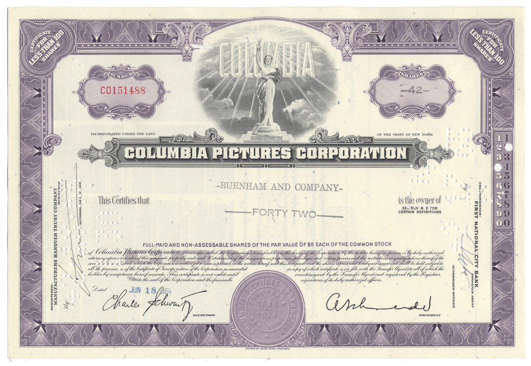 Columbia Pictures Corporation stock certificate from 1964