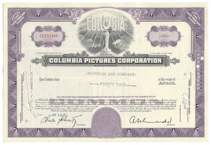 Columbia Pictures Corporation stock certificate from 1964