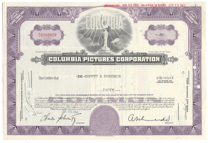 Columbia Pictures Corporation stock certificate with purple border and central design.