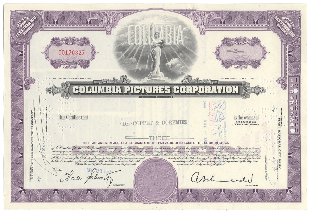 Columbia Pictures Corporation stock certificate with purple and white design