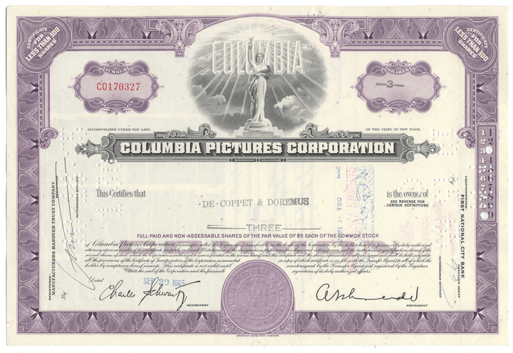 Columbia Pictures Corporation stock certificate with purple and white design