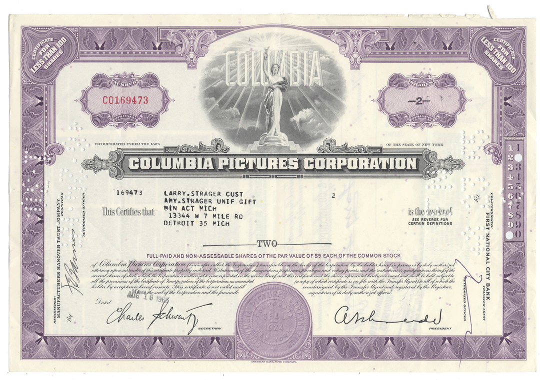 A vintage Columbia Pictures Corporation stock certificate from 1965