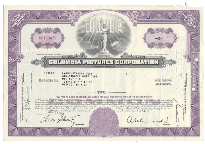 A vintage Columbia Pictures Corporation stock certificate from 1965
