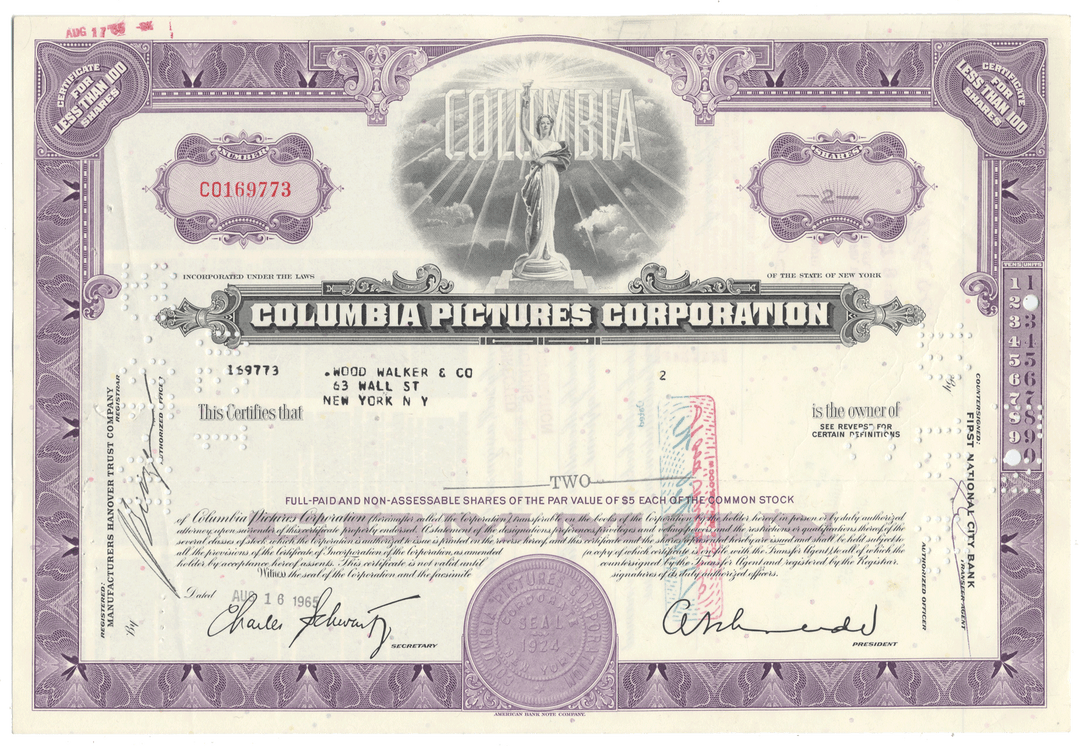 Columbia Pictures Corporation stock certificate with decorative elements and text.
