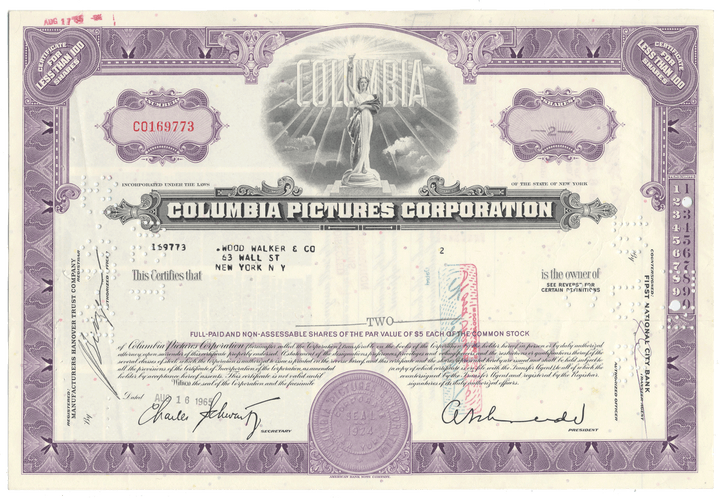 Columbia Pictures Corporation stock certificate with decorative elements and text.