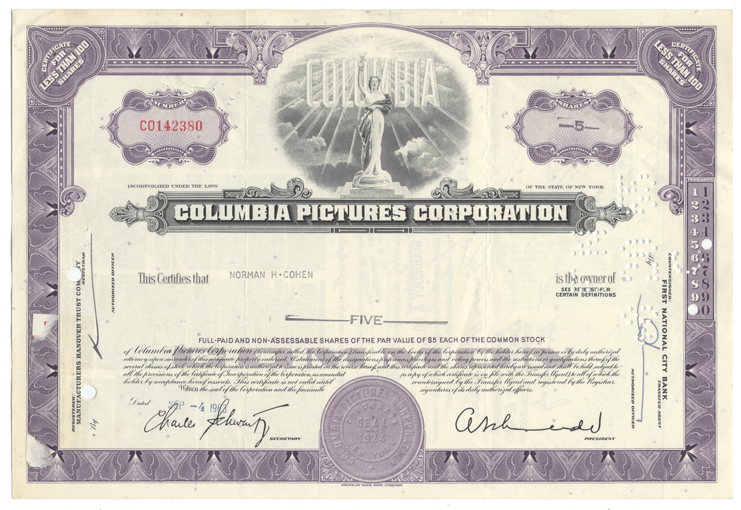 A vintage Columbia Pictures Corporation stock certificate from 1963 with company logo vignette